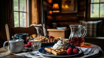 Fototapeta premium A rustic breakfast table set with waffles, fresh berries, whipped cream, and a pitcher of maple syrup, ready to serve.
