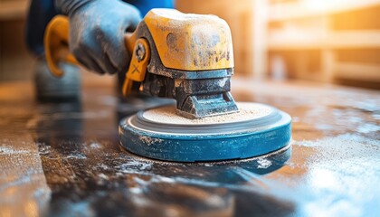 Carpenter using electric sander on wood in a workshop during daylight hours