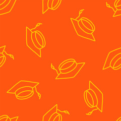 Orange seamless pattern with yellow outline graduation hat