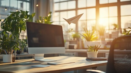 A paper airplane soaring above an office desk, capturing the metaphor of business change leading to new opportunities