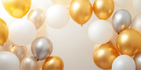 Colorful balloons in gold, silver, and white against a neutral backdrop.