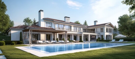 A modern luxury mansion with a swimming pool and a large lawn.