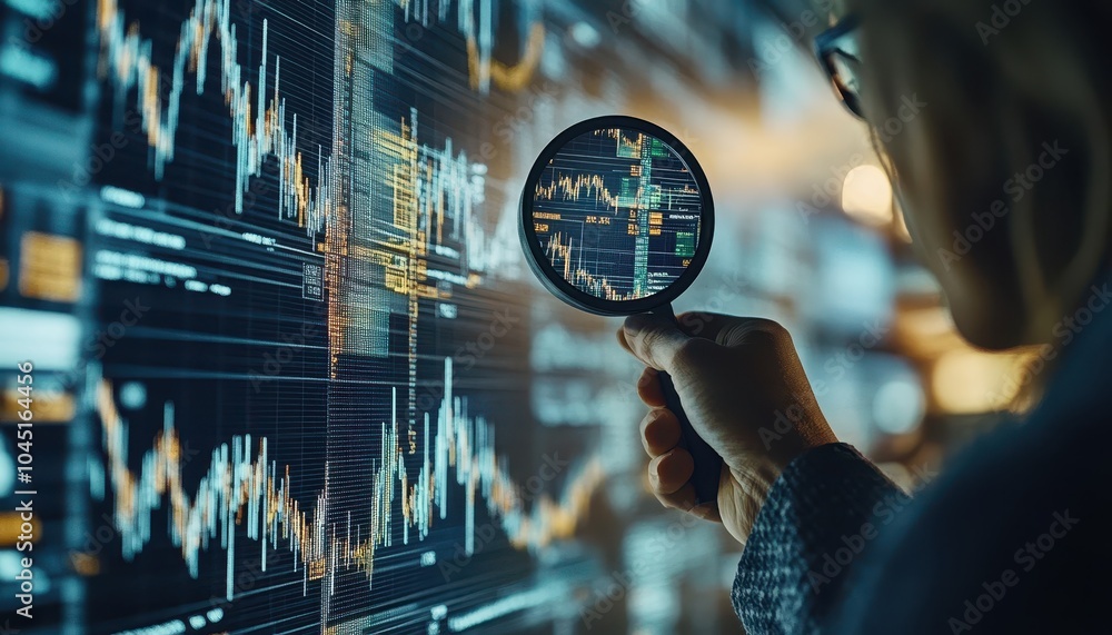 Aufkleber analyzing finance graphs in an office setting with a magnifying glass