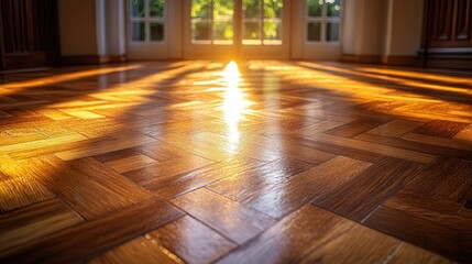 Fototapeta premium rich oak parquet flooring, smooth and polished, seamlessly blending shades of honey and amber, radiating warmth, with a soft glow reflecting off the surface