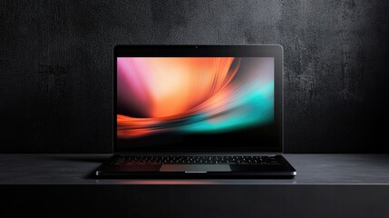 A sleek laptop with an empty display screen, placed on a minimalist desk, perfect for adding custom content or designs