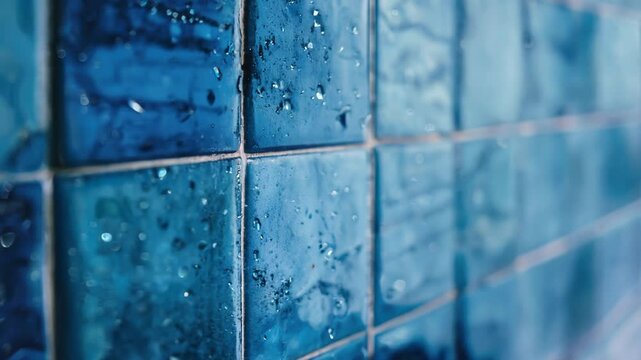 Blue tile wall with a blue tile floor. The tiles are wet and the floor is wet