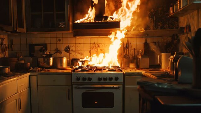 Severe Kitchen Fire Emergency with Intense Flames Erupting Aggressively from the Stove