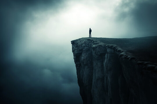 A person standing at the edge of a cliff, looking into a void, symbolizing the feeling of impending doom often associated with panic attacks.