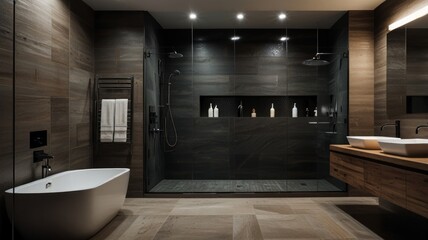 Modern bathroom with a freestanding bathtub, a walk-in shower with glass doors and a double vanity with wooden countertops.