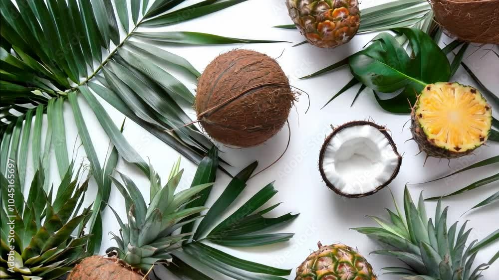 Poster close up of a bunch of coconuts and pineapples. the coconuts are on the left and the pineapples are 