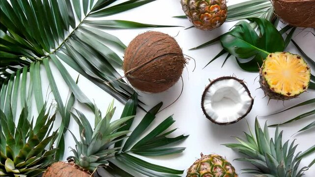 Close up of a bunch of coconuts and pineapples. The coconuts are on the left and the pineapples are on the right