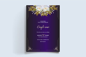 WEDDING INVITATION FRAME WITH FLOWER DECORATIONS AND FRESH LEAVES