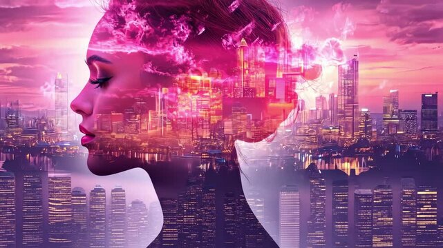 Double exposure of woman's silhouette with vibrant cityscape at dusk