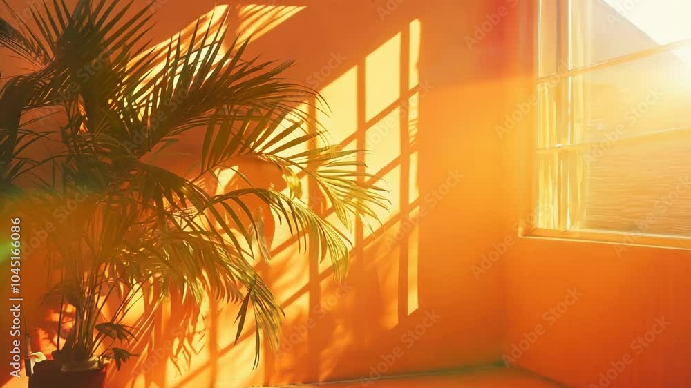 Poster plant is sitting in a pot in front of a wall with a window. the plant is casting a shadow on the wal