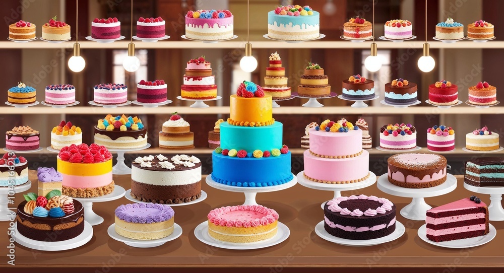 Poster charming bakery with colorful cakes background delightful bakery displaying a variety of colorful ca