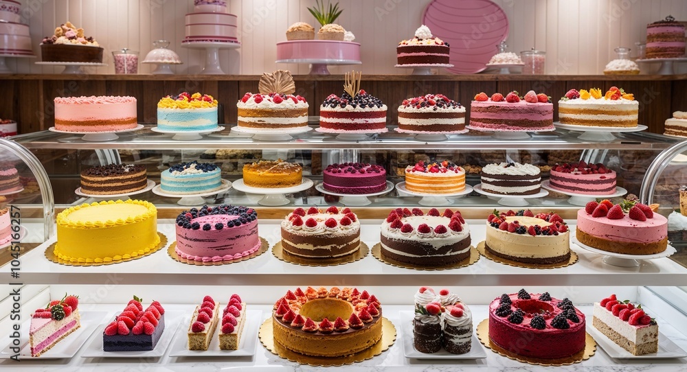 Poster charming bakery with colorful cakes background delightful bakery displaying a variety of colorful ca