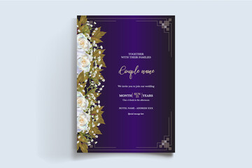 Fototapeta premium WEDDING INVITATION FRAME WITH FLOWER DECORATIONS AND FRESH LEAVES