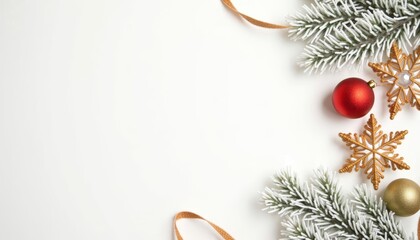 elegant christmas decorations on a white background featuring gold baubles, gold ribbon, and pine branches
