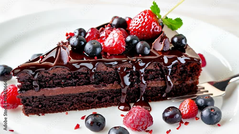 Poster slice of chocolate cake with strawberries and blueberries on top. the cake is covered in chocolate f