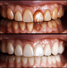 Image of a tooth with visible decay. The focus is on the damaged areas, highlighting the texture and discoloration of decayed teeth. Illustration.
