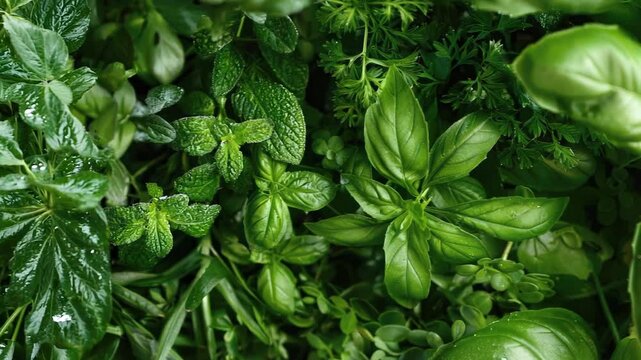 Close up of a bunch of green herbs including basil, parsley, and mint. The herbs are all different sizes and are arranged in a way that makes them look like they are growing together