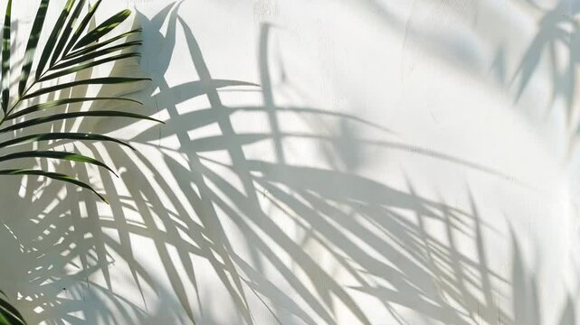 Palm tree casts a shadow on a white wall. The shadow is long and thin, stretching across the wall. Concept of tranquility and calmness, as the palm tree's shadow is a natural