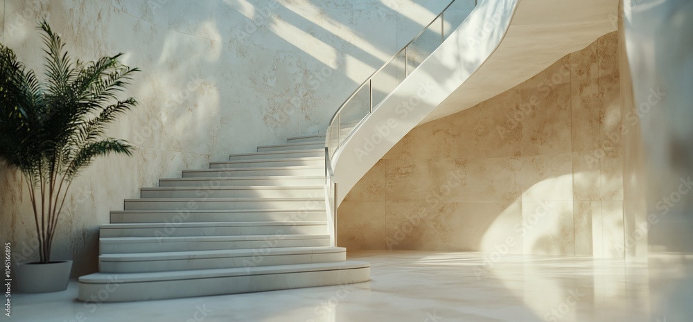 Poster modern curved staircase with marble steps and a palm tree plant in a minimalist interior.