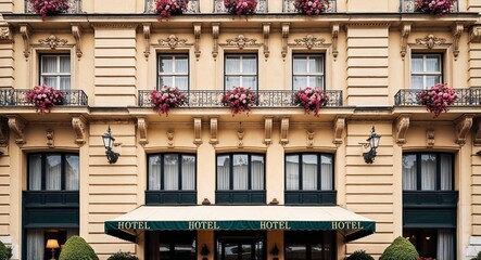 Obraz premium Charming vintage hotel facade background charming vintage hotel building with classic architecture and flowers