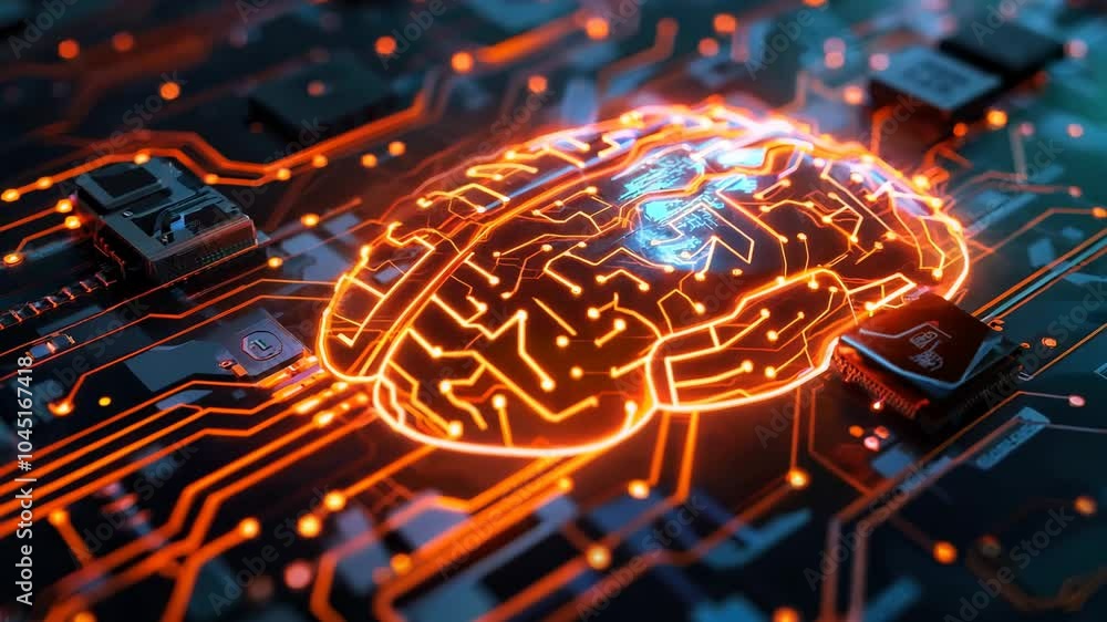 Poster brain is shown on a circuit board with a lot of wires. the brain is glowing red and orange. concept 