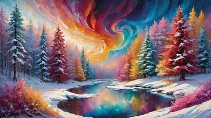 A Winter Wonderland with a Swirling Sky of Vibrant Hues, Reflecting in a Still, Snow-Covered River