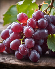Fototapeta premium Untitlebunch of grapes, fresh grapes, green leaves, healthy snack, fruit photography, vineyard harvest, grape cluster, ripe grapes, organic grapes, food styling, natural produce, juicy fruit, summer h
