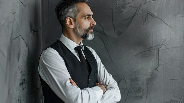 Man in a suit and vest stands with his arms crossed in front of a wall. He is looking away from the camera, possibly lost in thought. Concept of formality and seriousness