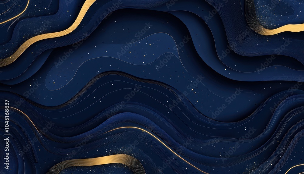 Poster elegant dark blue and gold wave pattern with sparkling particles for design