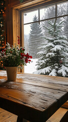 Fototapeta premium Christmas holiday background with empty wooden deck table over festive bokeh. Ready for product montage 