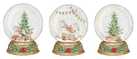 Christmas snow Globes with fir tree and retro baby toys. Watercolor illustration of New Year decor with presents and snowflakes on isolated background. Drawing of glass sphere with rocking horse.