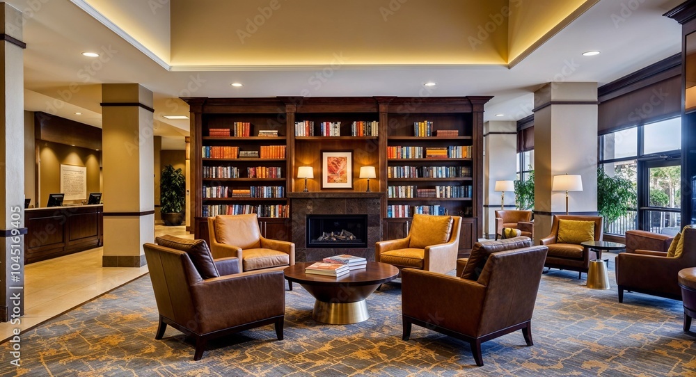 Poster cozy reading nook in hotel lobby background inviting reading area in the lobby with books and comfor