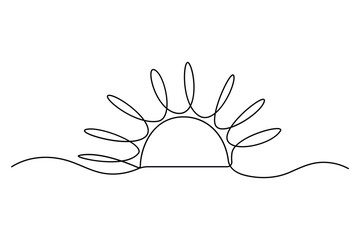 Continuous one line drawing of sun and sunrise, single line sketch sunny summer travel concept Vector illustration