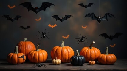 Obraz premium Halloween decoration. Bats, pumpkins, spiders