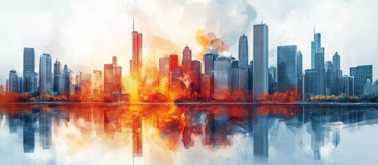 Cityscape with fiery sunset reflection.