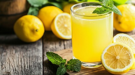 A glass of fresh lemonade with lemon slices and mint leaves on a wooden table