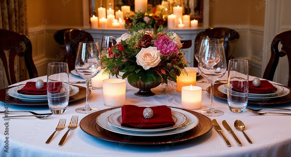 Poster elegant fine dining table setup background beautifully arranged dining table with fine china and sof