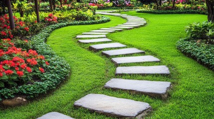 Obraz premium Winding Stone Path Through Lush Garden Landscape