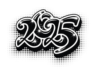 2025 New Year greeting card design element. Editable vector template for glossy lettering on transparent background