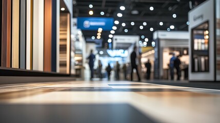 A blurred view of a bustling exhibition space showcasing displays and attending visitors, filled with vibrant lights and intricate design details.