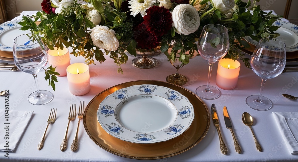Poster elegant fine dining table setup background beautifully arranged dining table with fine china and sof