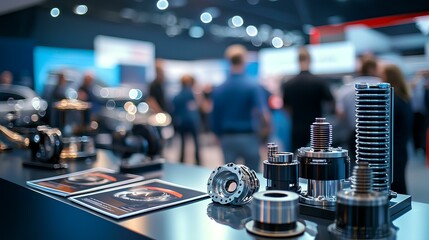 Fototapeta premium A focused display of automotive components at an exhibition, showcasing intricate details and a bustling professional atmosphere in the background.