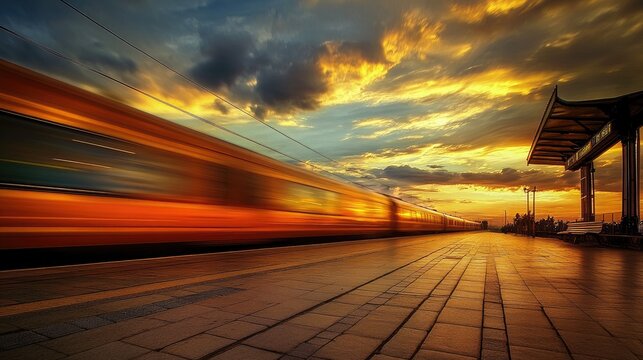 High-Speed Orange Train Against Scenic Sunset