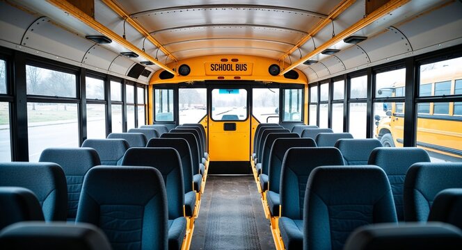 Empty school bus interior background rows of empty seats inside a brightly lit yellow school bus