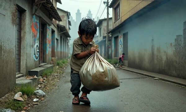 Homeless children and plastic bag