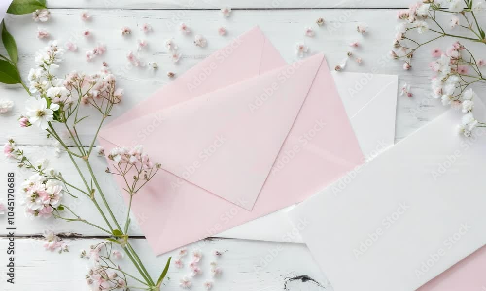 Poster stack of white and pink envelopes with flowers on top. the envelopes are arranged in a way that they